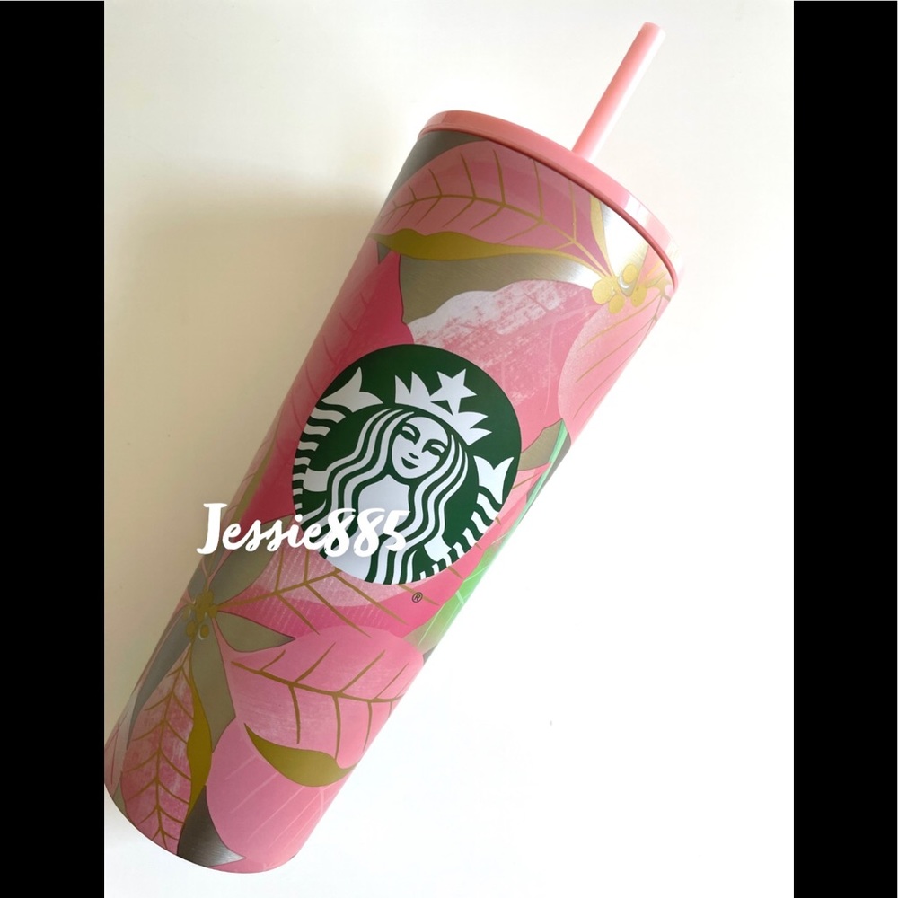 Starbucks Pink Gold poinsettia tumbler SS